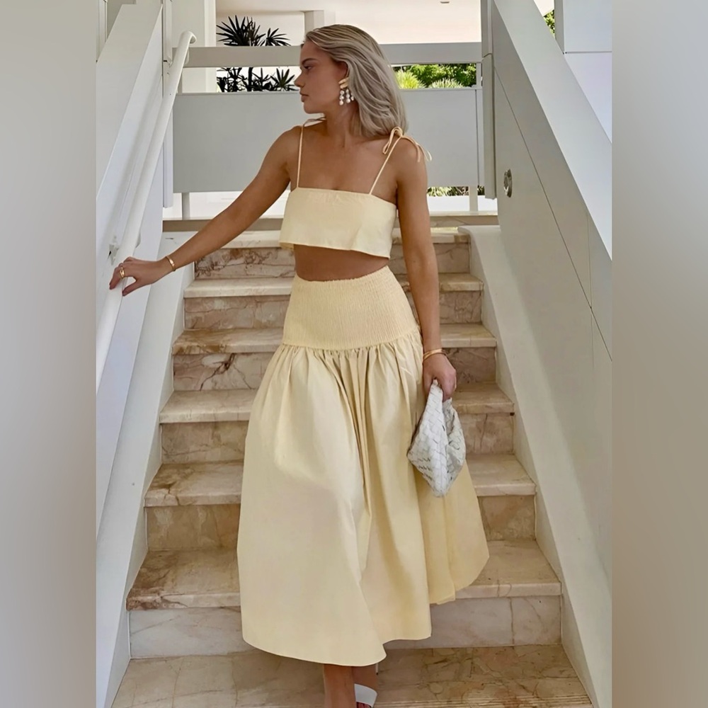 Commense Shirred Waist Split Thigh Skirt